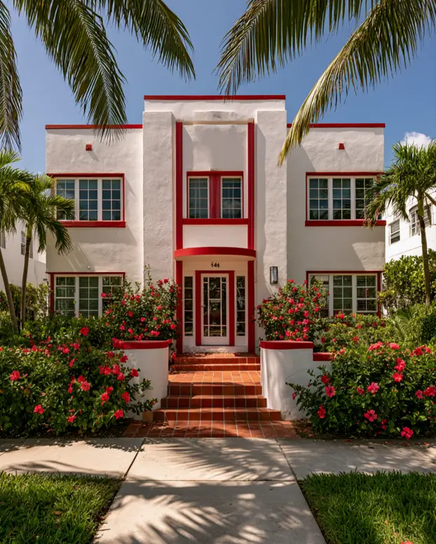 White House with Red Trim: 27 Ideas and How to Pick Your Red 27 Symmetrical white Art Deco building with clean red parapet lines and a red-trimmed central entry