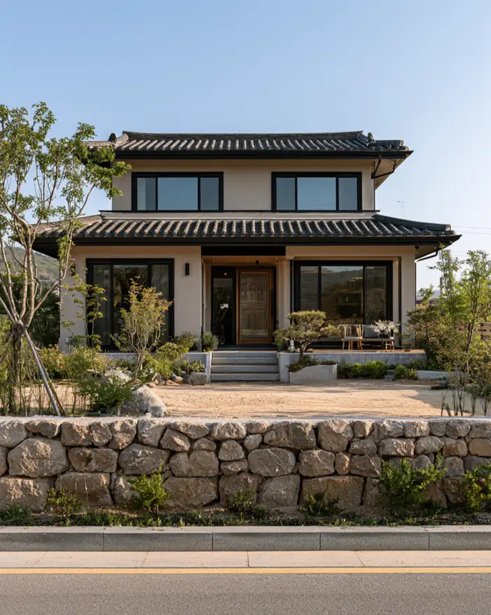 Taupe House With Black Trim: 28 Ideas + Best Paint Colors 28 Taupe house with black trim on a greige stucco Korean hanok with a dark tiled roof and a wood entry