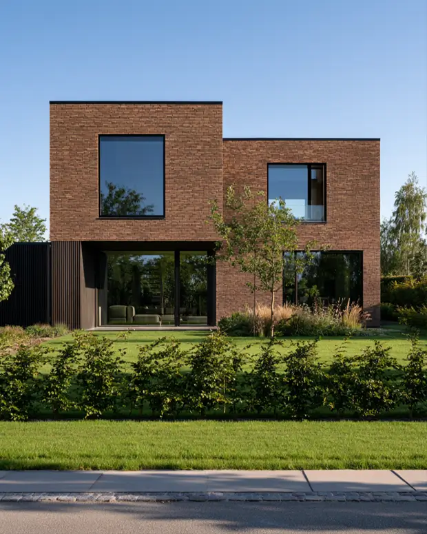 37 Brown House with Black Trim Ideas for a Warm, Modern Exterior 28 Modern brown brick house with black trim, two stacked brick cubes with large black-framed windows and a dark slatted entry