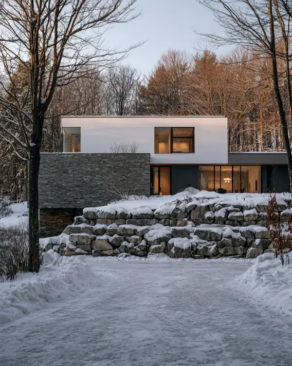 Modern Grey and White House Exterior: 30 Two-Tone Ideas 28 Modern grey and white house exterior with grey stacked-stone base, white cantilevered upper volume, black windows, and snow in a wooded setting