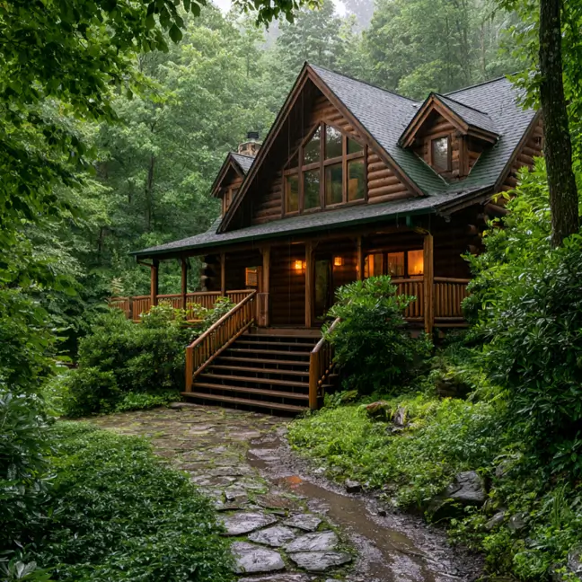 Hillside House Design: 38 Ideas for Building With the Slope 28 log cabin hillside home on a wooded slope with a stone path climbing to a raised porch in the rain