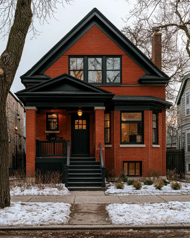 46 Red Brick House With Black Trim Ideas for Standout Curb Appeal 28 Red brick house with black trim, a fully black porch, railing, and steps