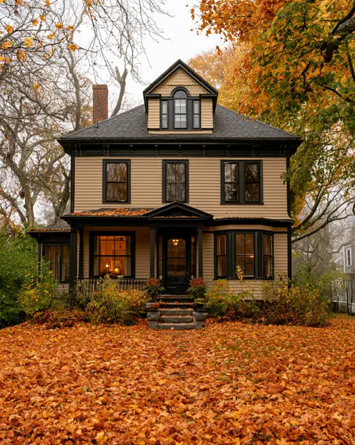 40 Tan House With Black Trim Exteriors Worth Copying 28 Tan house with black trim on a Victorian foursquare, with oat-tan clapboard and a dark porch in fall