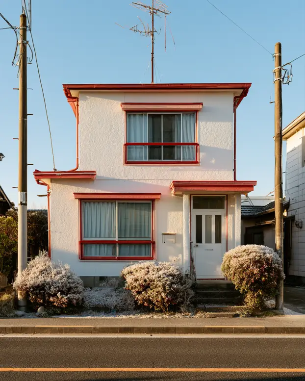 White House with Red Trim: 27 Ideas and How to Pick Your Red 28 Small white Japanese stucco house with red eave bands and red window frames at sunrise