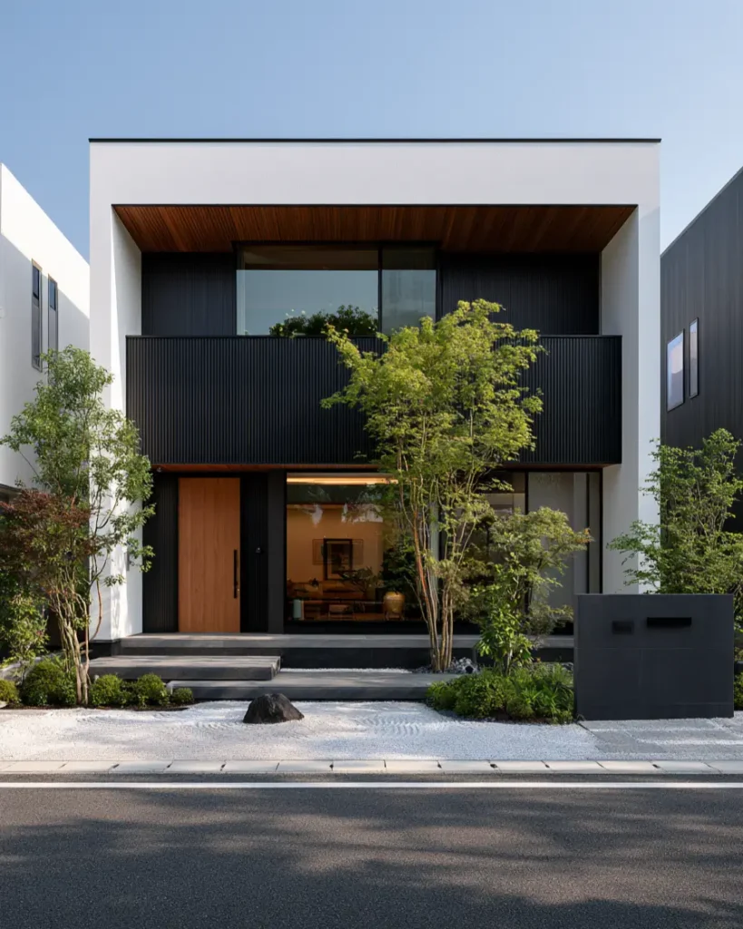 46 Modern Black and White House Exterior Ideas for a Timeless Look 28 White stucco home with a black ribbed center bay and a warm wood door