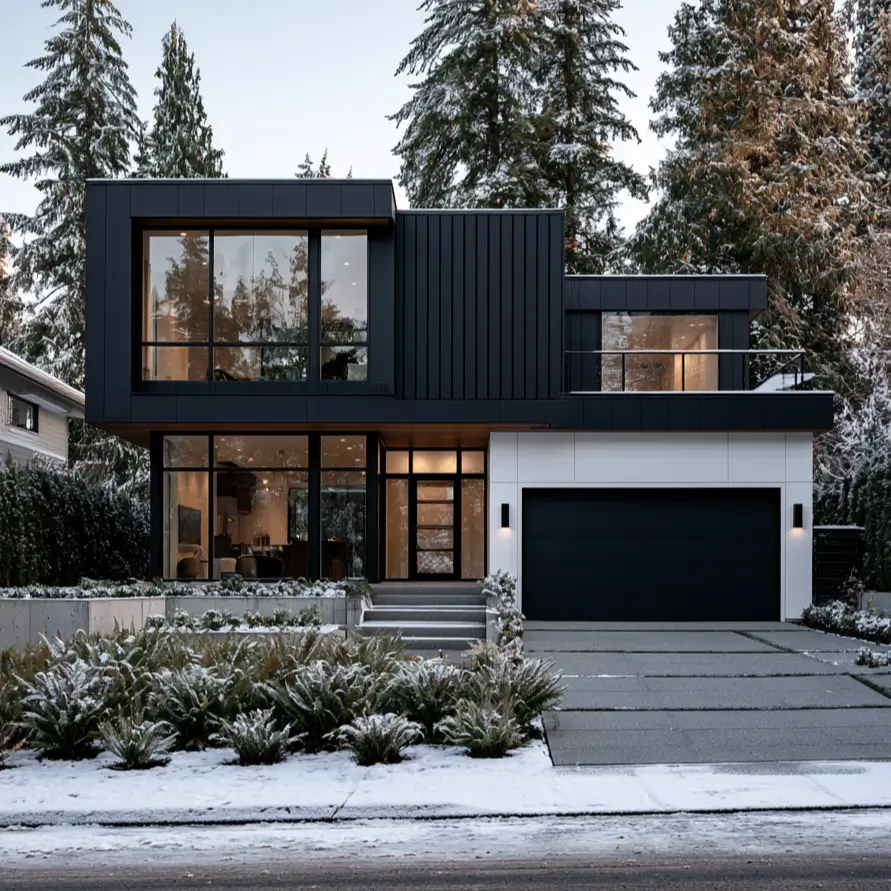46 Modern Black and White House Exterior Ideas for a Timeless Look 29 Dark charcoal home with a white block accent in fresh snow