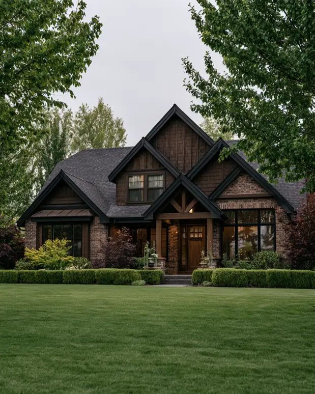 37 Brown House with Black Trim Ideas for a Warm, Modern Exterior 29 Warm brown brick and shingle Craftsman with multiple dark gables, black-framed windows, and a timber-and-brick porch