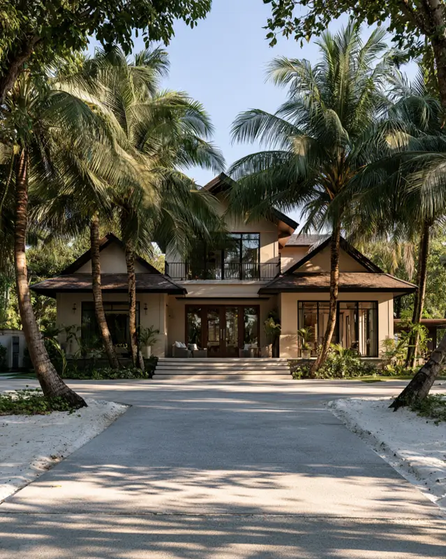 Taupe House With Black Trim: 28 Ideas + Best Paint Colors 29 Taupe house with black trim on a greige stucco Thai villa with steep tiled gables among palms