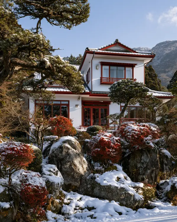 Hillside House Design: 38 Ideas for Building With the Slope 29 white and red Japanese hillside villa on a snowy rocky slope with a mountain garden