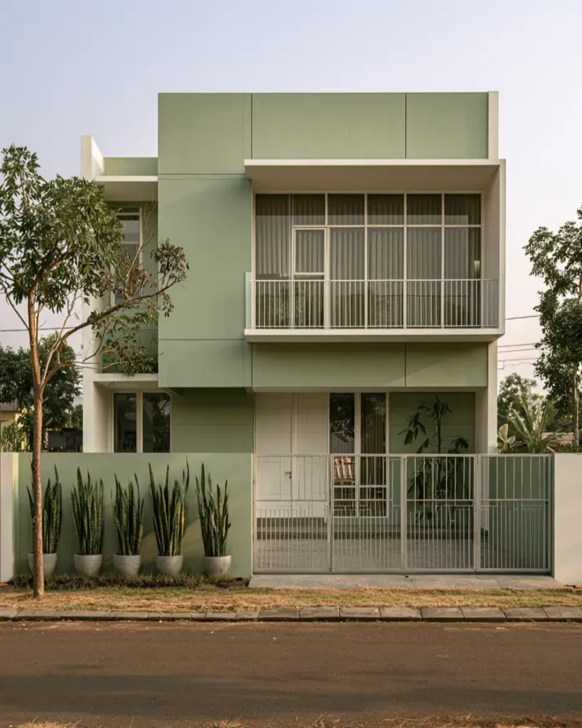 43 Green House With White Trim Ideas for Fresh Curb Appeal 29 modern green house with white trim, standing-seam siding, and tall white window frames on a narrow Tokyo townhouse