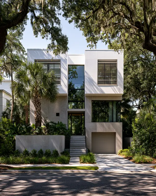 Modern Grey and White House Exterior: 30 Two-Tone Ideas 29 Modern grey and white house exterior with white rendered upper boxes, grey stone base, full-height black glass, and palms under live oaks