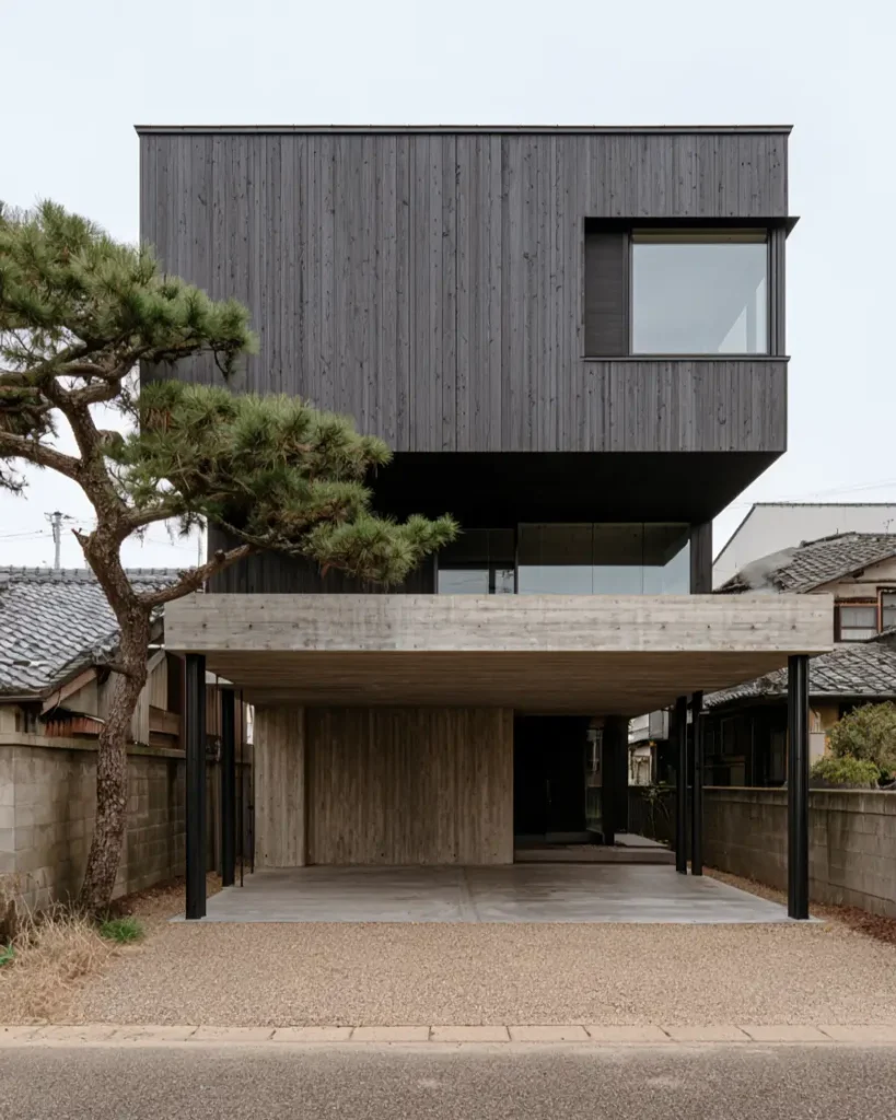 Modern Japanese House Design: 58 Ideas, Costs, and What Defines the Style 29 A dark timber upper box cantilevered on a concrete slab above an open carport.