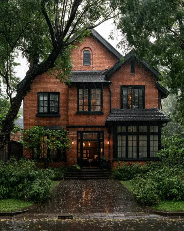 46 Red Brick House With Black Trim Ideas for Standout Curb Appeal 29 Red brick house with black trim and a projecting black-framed bay window
