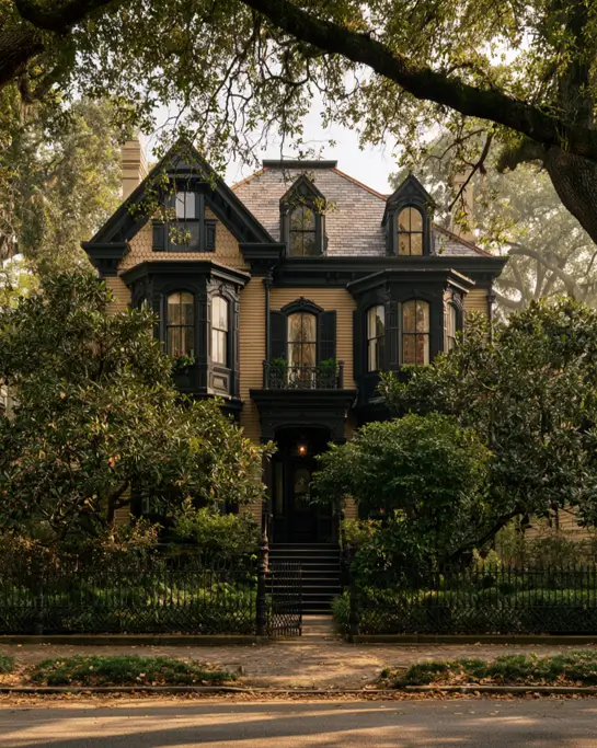 40 Tan House With Black Trim Exteriors Worth Copying 29 Victorian tan and black house with ornate black trim on the gables, bay windows, and gingerbread detail