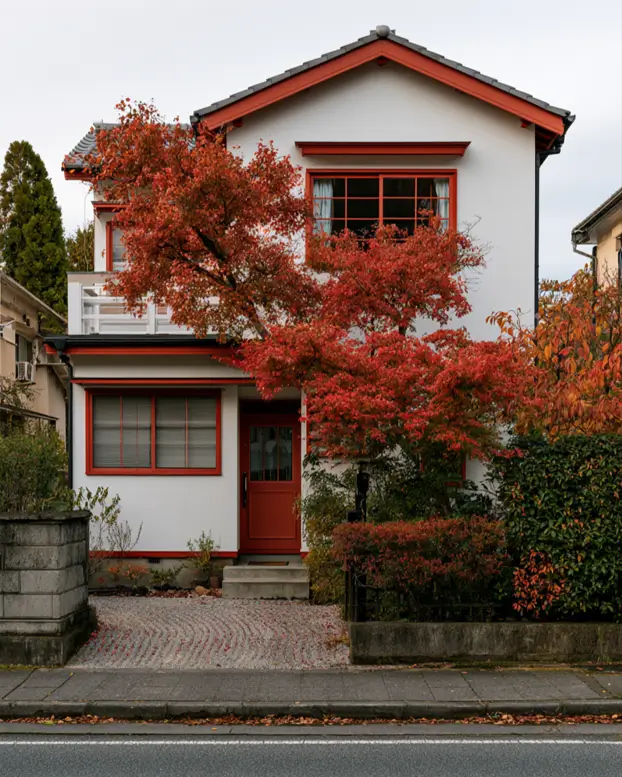 White House with Red Trim: 27 Ideas and How to Pick Your Red 29 White house with red trim, clear red window and gable trim beside a matching red maple in autumn
