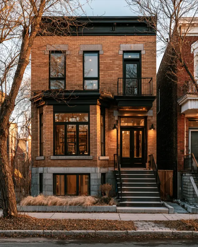 37 Brown House with Black Trim Ideas for a Warm, Modern Exterior 30 Warm brown brick Victorian rowhouse with black window frames, a dark cornice, and pale stone lintels at dusk