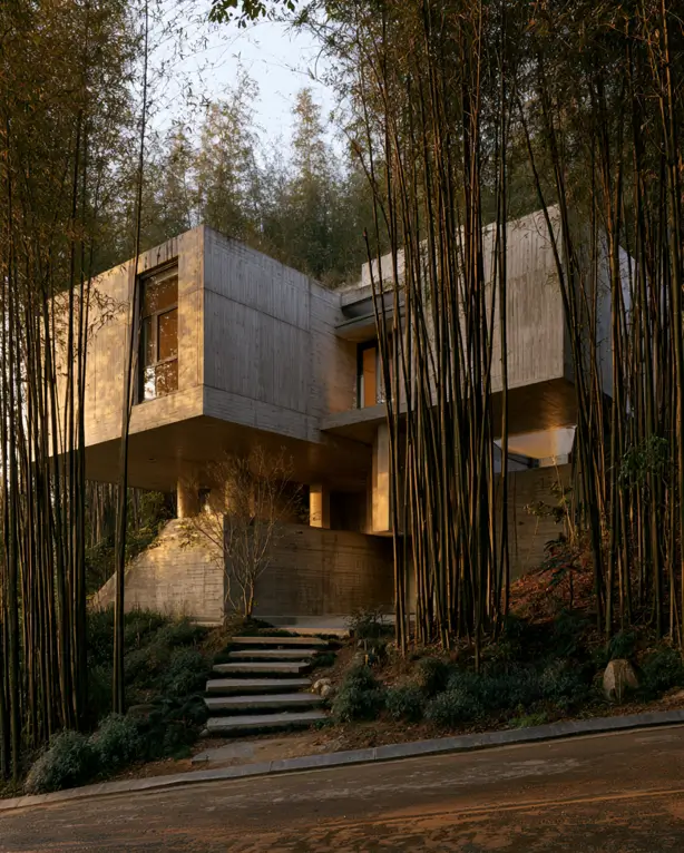 Hillside House Design: 38 Ideas for Building With the Slope 30 board-formed concrete modern hillside house cantilevered over a bamboo slope