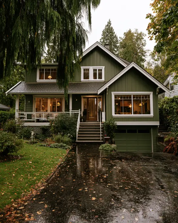 43 Green House With White Trim Ideas for Fresh Curb Appeal 30 dark green house with white trim, board-and-batten siding, and glowing windows on a two-story craftsman