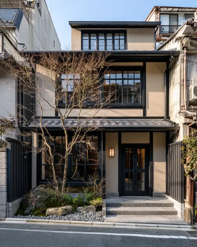 Taupe House With Black Trim: 28 Ideas + Best Paint Colors 30 Taupe house with black trim on a greige stucco Kyoto machiya with gridded charcoal windows and a tiled canopy