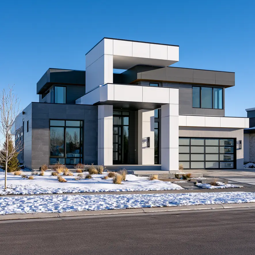 Modern Grey and White House Exterior: 30 Two-Tone Ideas 30 Modern grey and white house exterior with white composite panels, grey stone and stucco walls, black glass, and cantilevered flat-roof volumes