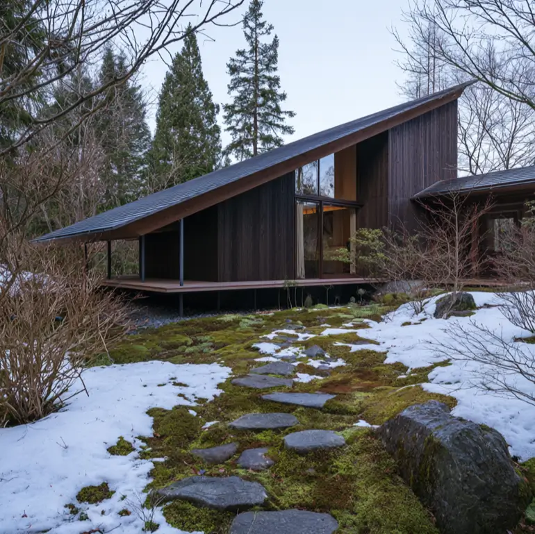 Modern Japanese House Design: 58 Ideas, Costs, and What Defines the Style 30 A long dark metal roof sweeping low over a deck carried on thin steel posts in snow.