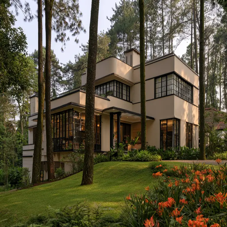 40 Tan House With Black Trim Exteriors Worth Copying 30 Art Deco tan house with black trim, black-framed casement windows, and flat rooflines among tall pines