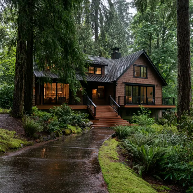 37 Brown House with Black Trim Ideas for a Warm, Modern Exterior 31 Light brown house with black trim, a warm brown shingle cottage with black-framed windows and dark deck railings in a forest