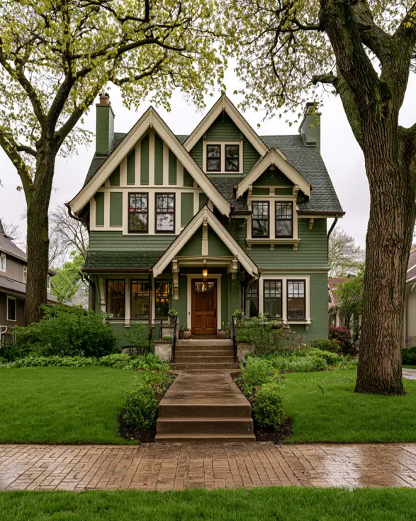 43 Green House With White Trim Ideas for Fresh Curb Appeal 31 dark green house with white trim, cream half-timber stickwork, and steep gables on a Tudor-style home
