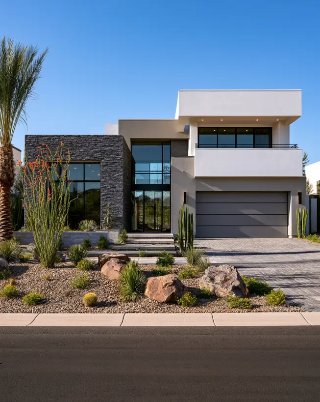 Modern Grey and White House Exterior: 30 Two-Tone Ideas 31 Modern grey and white house exterior with charcoal grey stacked-stone volume, white stucco walls, grey garage door, black glass, and desert planting