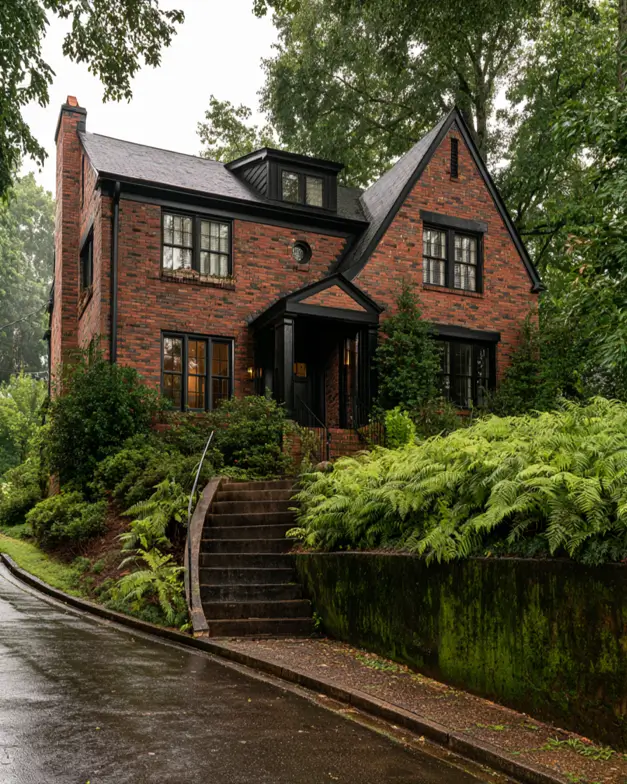 46 Red Brick House With Black Trim Ideas for Standout Curb Appeal 31 Red brick Tudor house with black trim and a black gabled entry portico