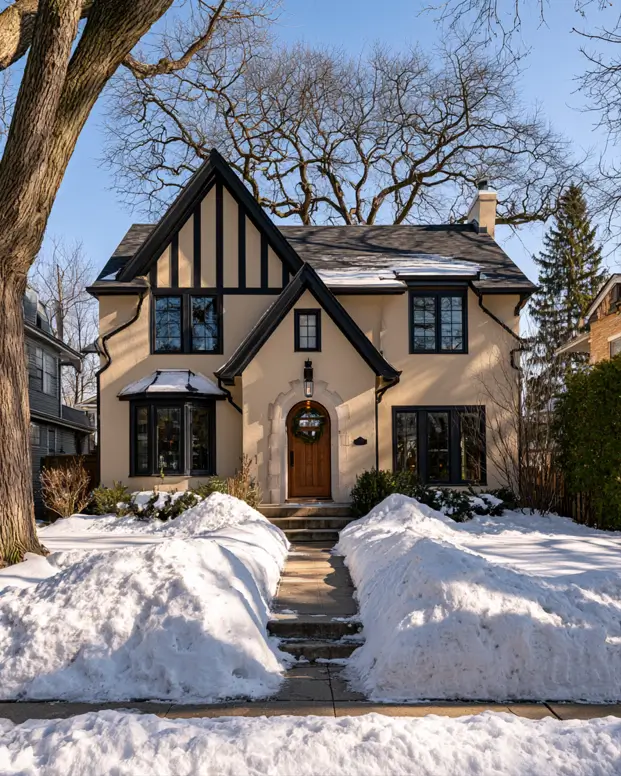 40 Tan House With Black Trim Exteriors Worth Copying 31 Tudor tan and black house with black half-timbering, dark window trim, and a stone arched entry in winter