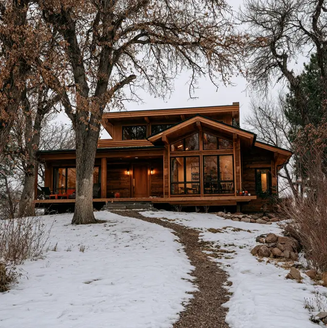 Hillside House Design: 38 Ideas for Building With the Slope 31 timber and glass hillside house design on a snowy rise with a raised deck and climbing gravel path