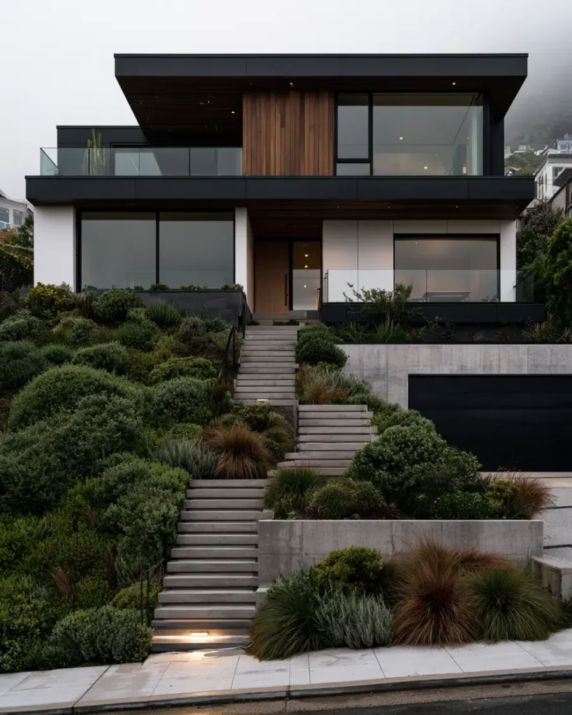 46 Modern Black and White House Exterior Ideas for a Timeless Look 31 Hillside home with a wood-clad center, dark wings, and a white ground floor
