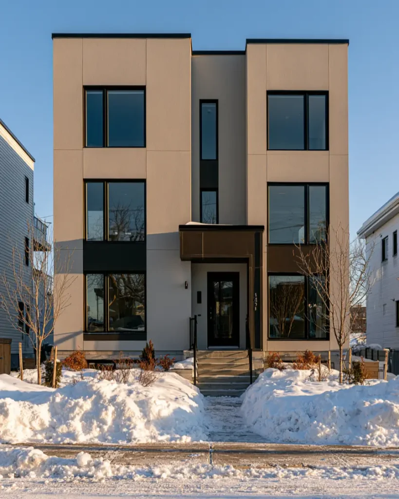 Taupe House With Black Trim: 28 Ideas + Best Paint Colors 5 Taupe house with black trim on a modern greige three-story with black windows and a flat parapet in snow