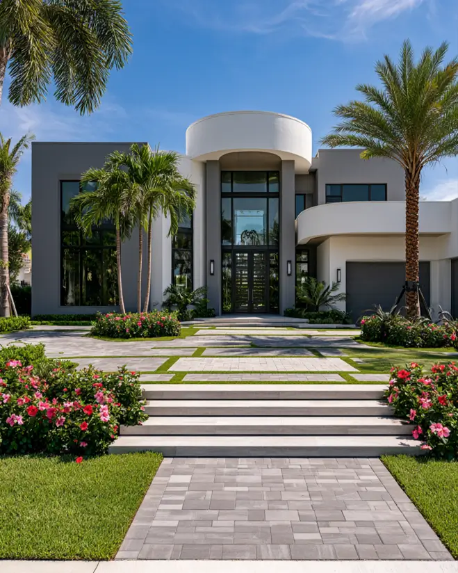 Modern Grey and White House Exterior: 30 Two-Tone Ideas 5 Modern grey and white house exterior with mid-grey stucco walls, rounded white entry tower, black glass, and palm-lined paver path