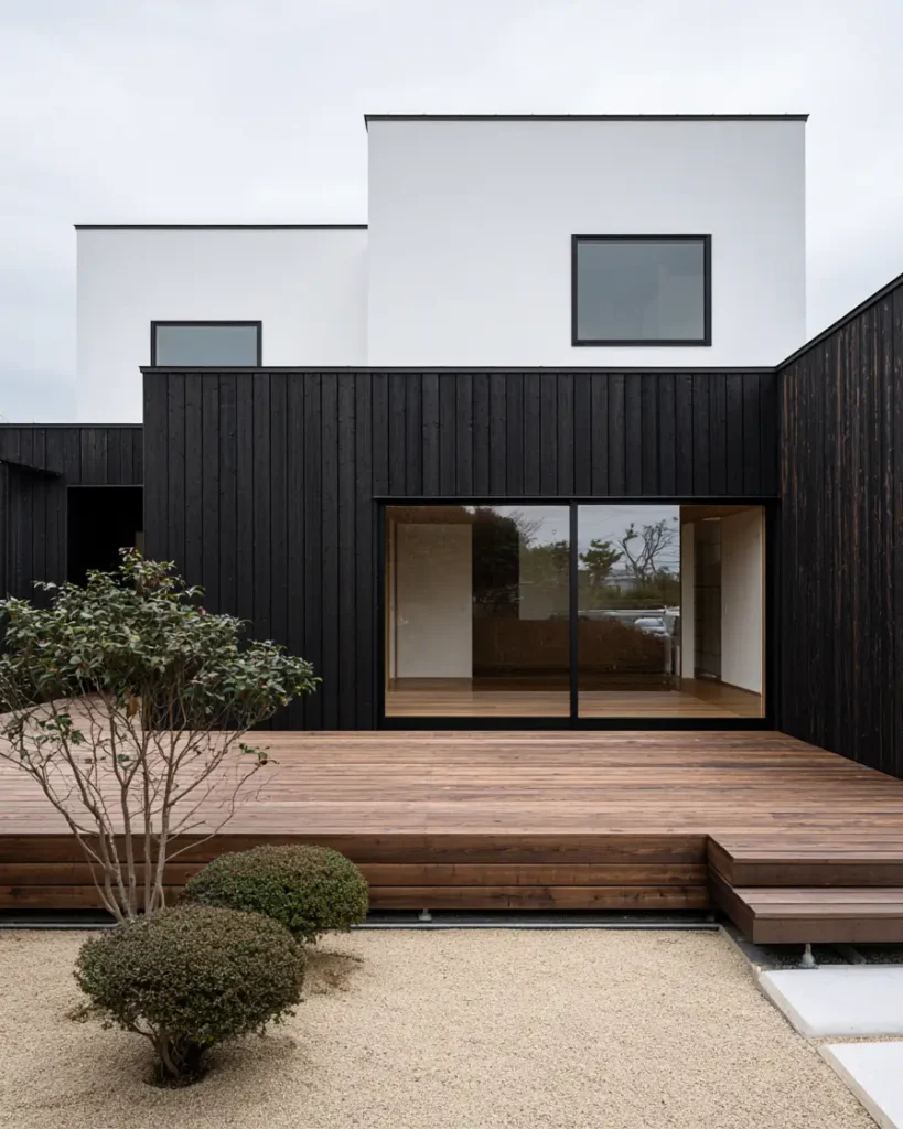 Modern Japanese House Design: 58 Ideas, Costs, and What Defines the Style 5 Yakisugi charred cedar below white render, with a timber deck stepping down to raked gravel.