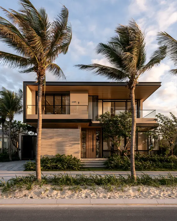 40 Tan House With Black Trim Exteriors Worth Copying 5 Tan house with black trim in a coastal modern villa, with black-framed glass, travertine, and wood soffits