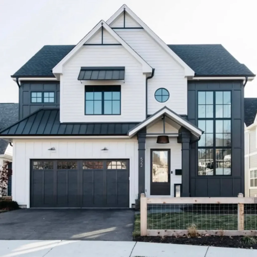 46 Modern Black and White House Exterior Ideas for a Timeless Look 5 Two-tone modern farmhouse with white lap siding and black board and batten