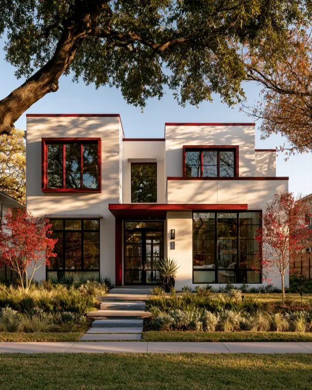 White House with Red Trim: 27 Ideas and How to Pick Your Red 5 Modern white stucco house with bold red-framed windows and a red entry beam