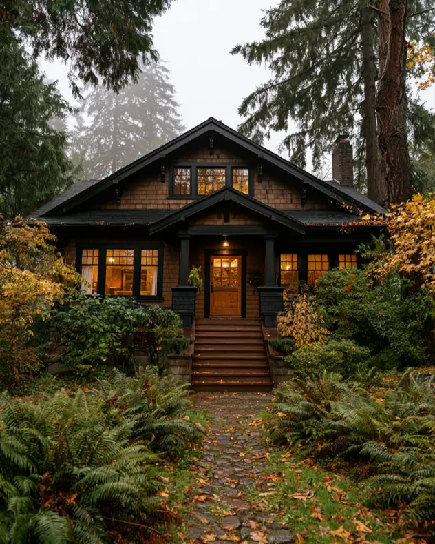 37 Brown House with Black Trim Ideas for a Warm, Modern Exterior 32 Deep brown cedar-shingle Craftsman bungalow with black window frames, gable brackets, and tapered porch posts in fog