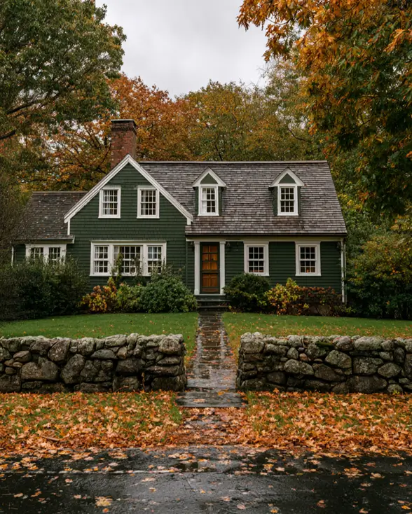 43 Green House With White Trim Ideas for Fresh Curb Appeal 32 dark green house with white trim, three white dormers, and cedar shake roof on a New England Cape Cod
