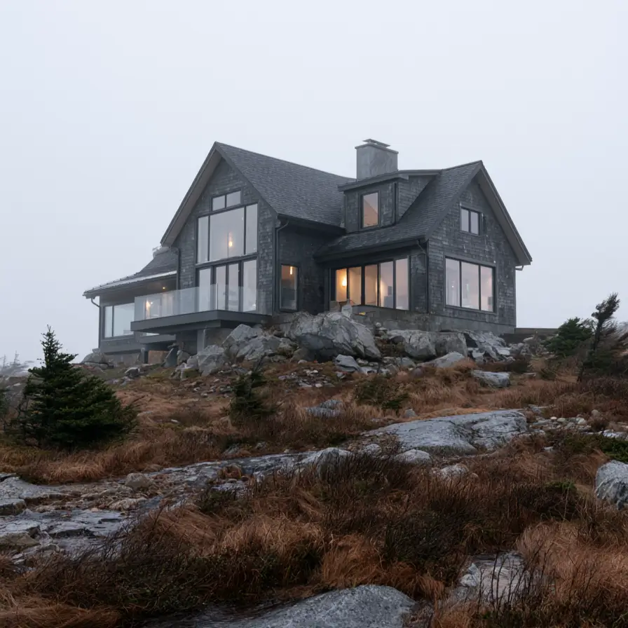 Hillside House Design: 38 Ideas for Building With the Slope 32 gray-shingled hillside house on a foggy rocky hilltop with a lower deck tucked into the slope