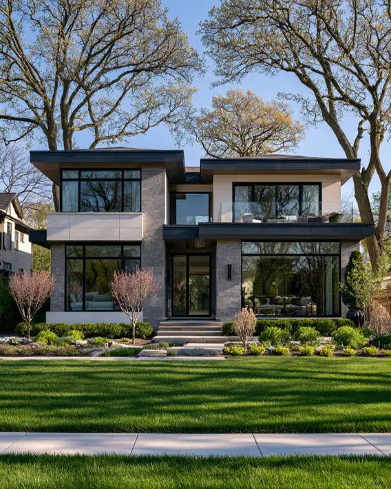 Modern Grey and White House Exterior: 30 Two-Tone Ideas 32 Modern grey and white house exterior with grey stone ground floor, white upper panels, black-framed glass, deep flat eaves, and a manicured lawn
