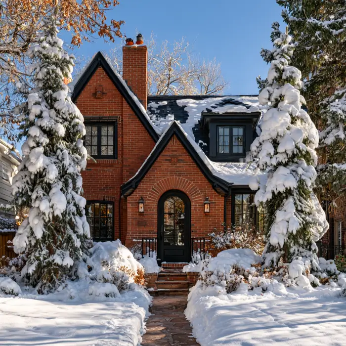 46 Red Brick House With Black Trim Ideas for Standout Curb Appeal 32 Red brick Tudor house with black trim and an arched black front door in snow