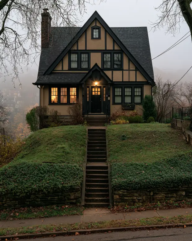 40 Tan House With Black Trim Exteriors Worth Copying 32 Tan house with black trim on a hilltop Tudor, with dark timbering and tan stucco in the fog