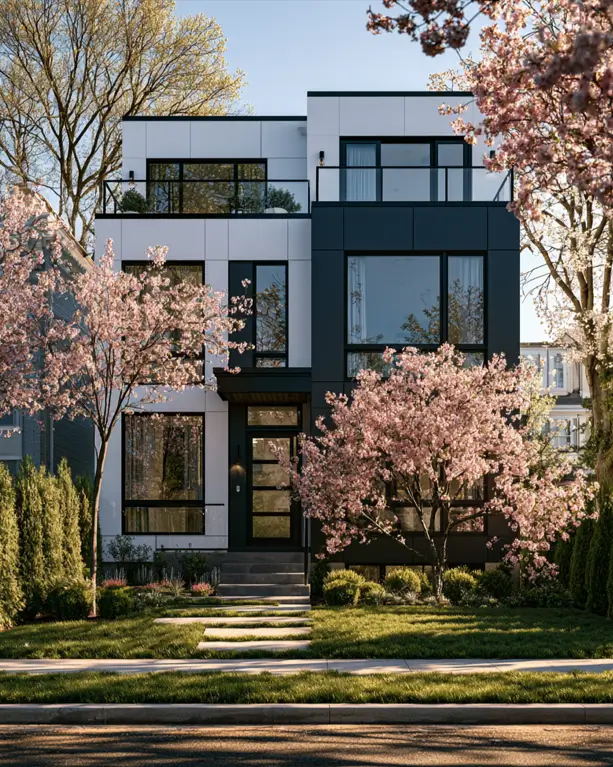 46 Modern Black and White House Exterior Ideas for a Timeless Look 32 Offset white and charcoal-black paneled cube volumes with cherry blossoms