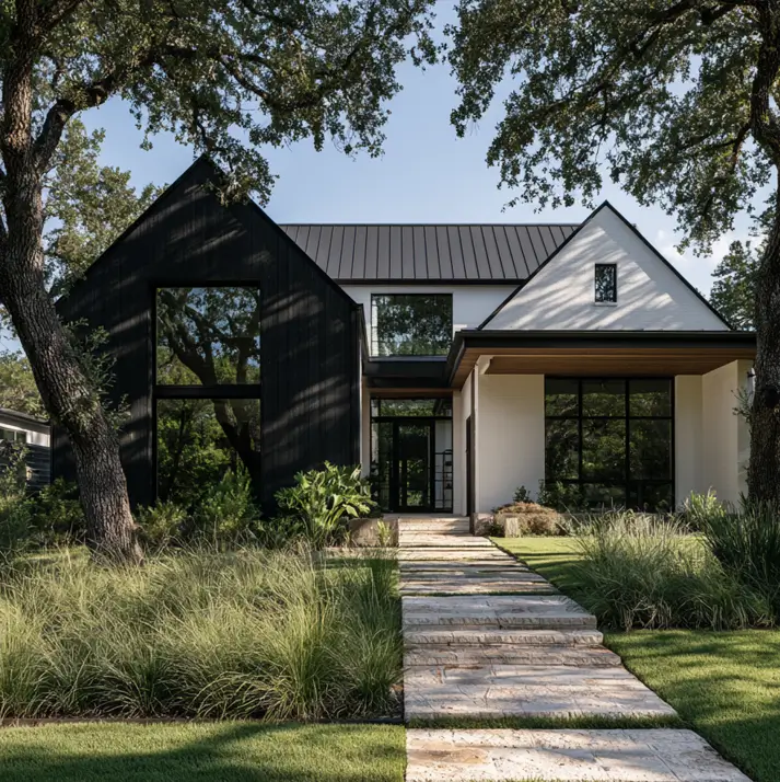 46 Modern Black and White House Exterior Ideas for a Timeless Look 33 Modern black and white farmhouse with black board and batten and white brick gables