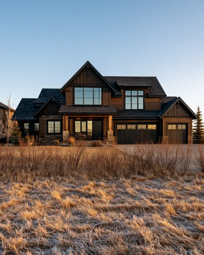 37 Brown House with Black Trim Ideas for a Warm, Modern Exterior 33 Brown board-and-batten and shingle Craftsman home with black window frames, dark garage doors, and a stone base