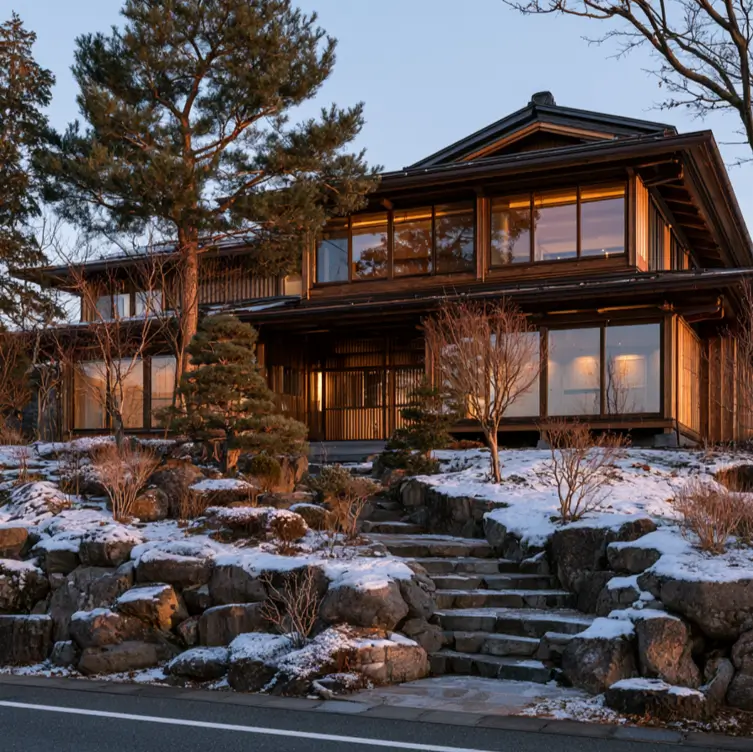 Hillside House Design: 38 Ideas for Building With the Slope 33 cedar Japanese hillside house above a rocky terraced garden with a climbing stone stair at dusk