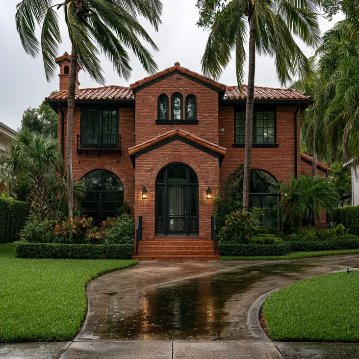 46 Red Brick House With Black Trim Ideas for Standout Curb Appeal 33 Red brick Mediterranean house with black trim, arched door, and iron balcony